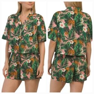 Cynthia Rowley Green & Pink Tropical Print with Tigers Pajama Set size XL